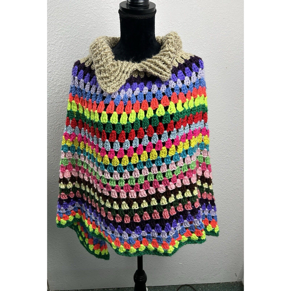 Vintage Rainbow Handmade Crocheted Shawl Blanket‎ Cape Poncho Grandma Cottage